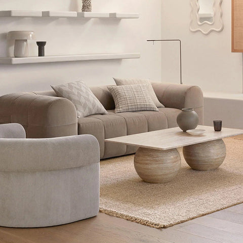 A stylish, neutral living room setting by Weave Home