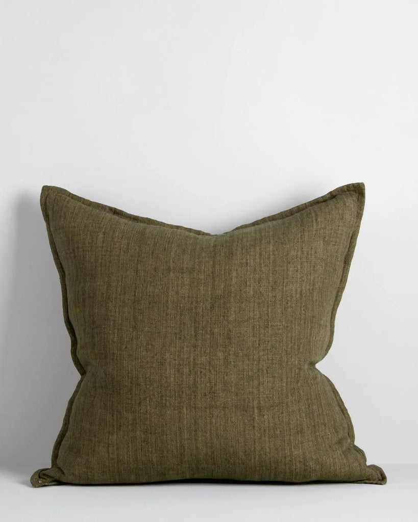 Baya linen cushion, with flange edge detail, in colour military green