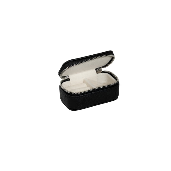 A small, zip up vegan leather jewellery box or carrier, from Evolve, in a stylish shade of Black. The lid is open showing the interior, which has sections for rings and earrings, as well as a section for necklaces. 