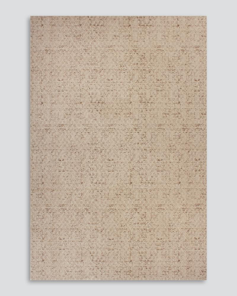 The Baya 'Cadence Camel' pure wool floor rug in brown and beige wool, from above showing it as a modern alternative to a Persian.