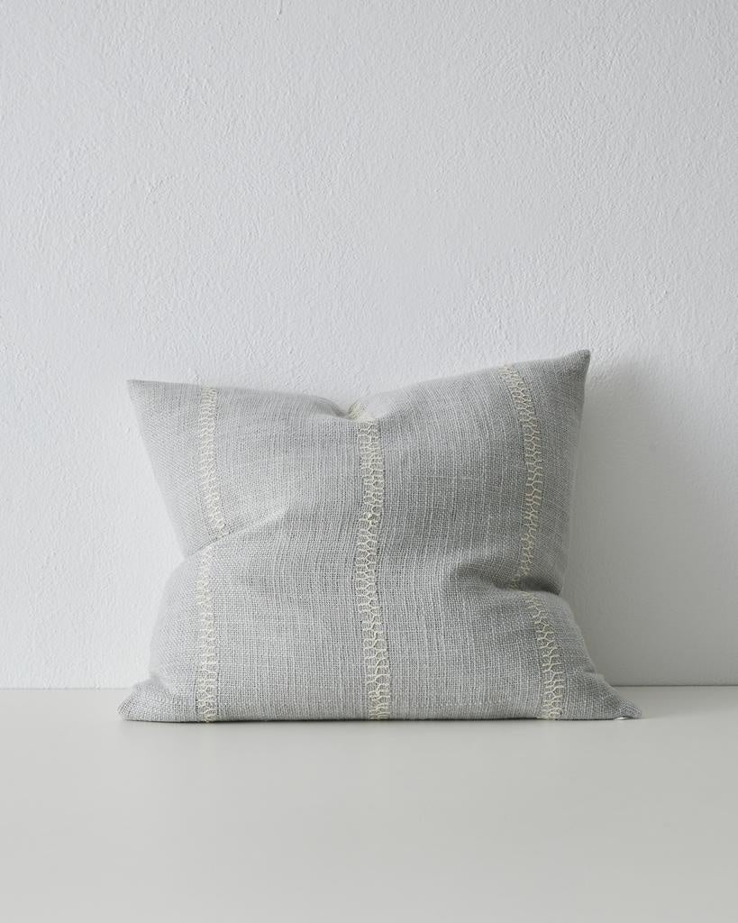 Pale blue cushion with while embroidered stripe, by Weave Home nz