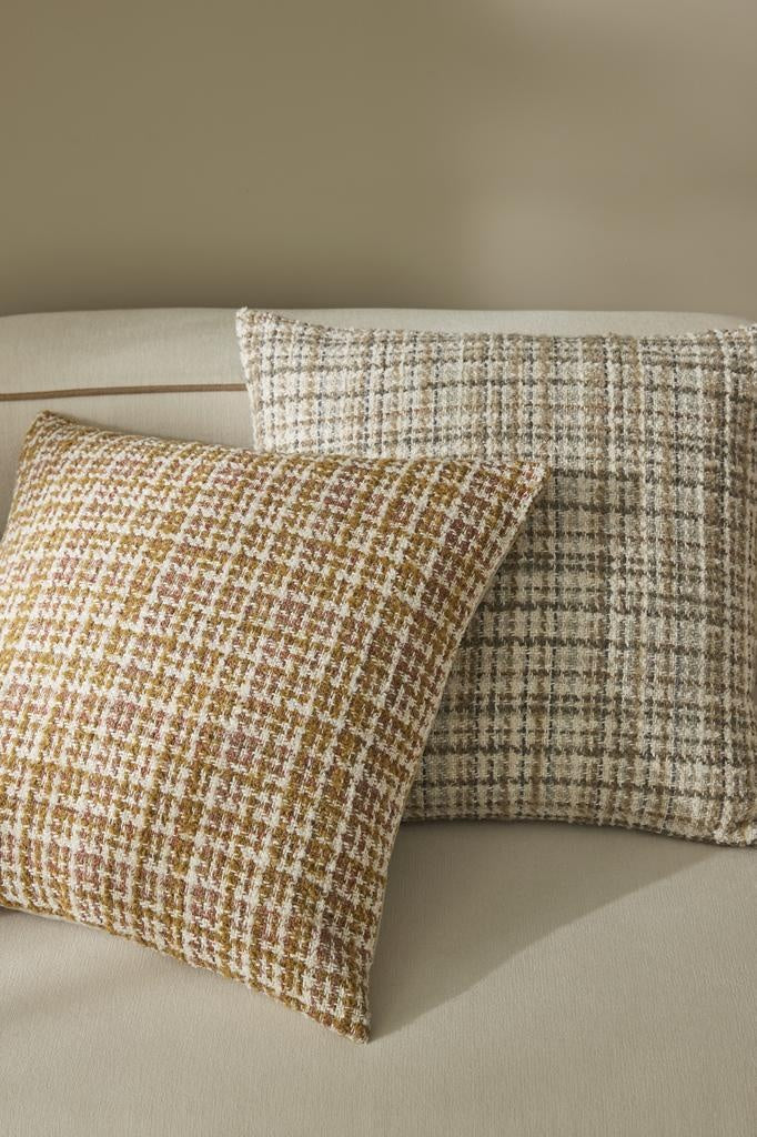 Two woven feature cushions in warm white and brown tones - the Tripoli cushions by Weave nz