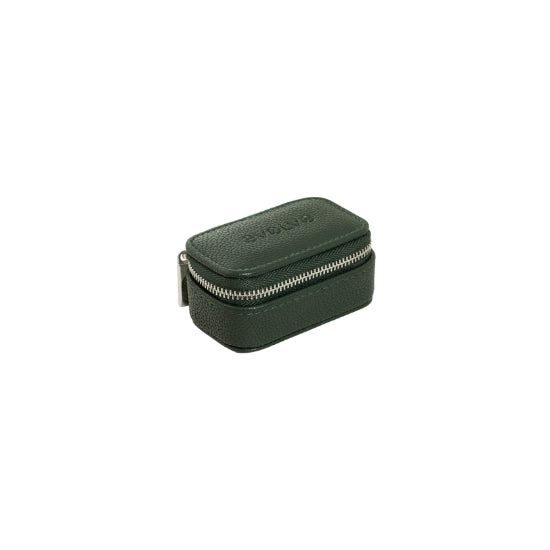 A small, zip up vegan leather jewellery box or carrier, from Evolve, in a stylish shade of Forest green.