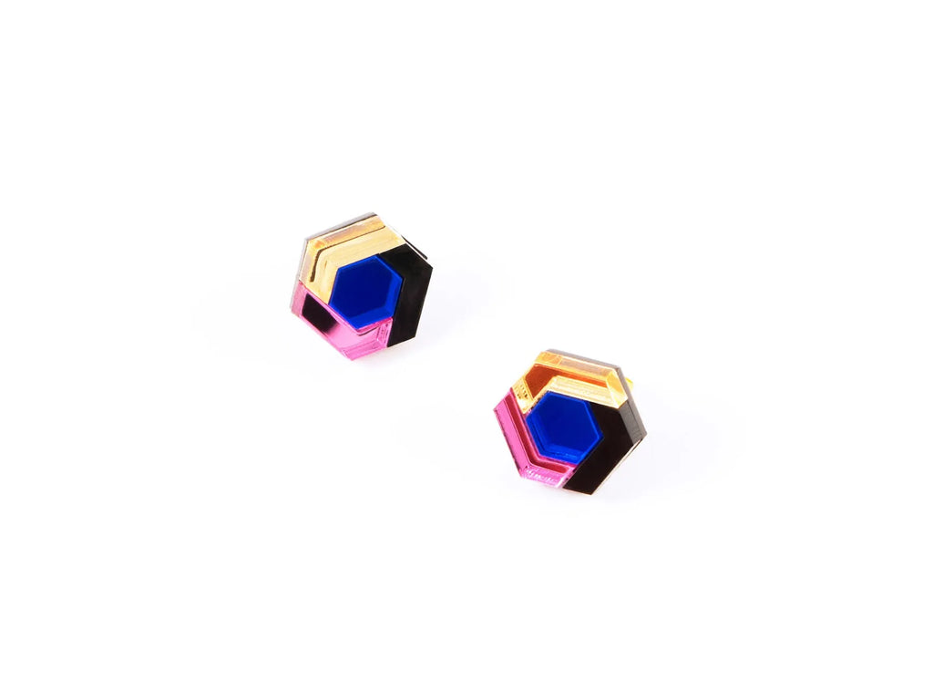 Hexagon geometric stud earrings in blue, pink and gold, by Mystic Forms