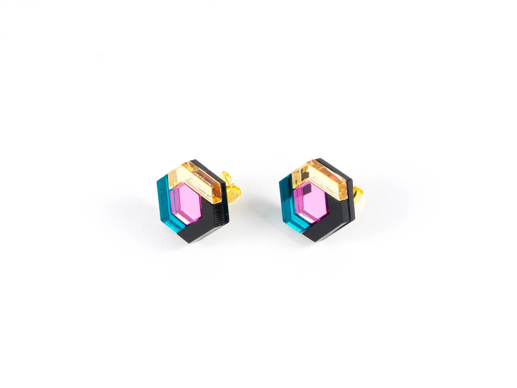 Hexagonal acrylic earrings in pink, teal and gold, by Mystic Forms