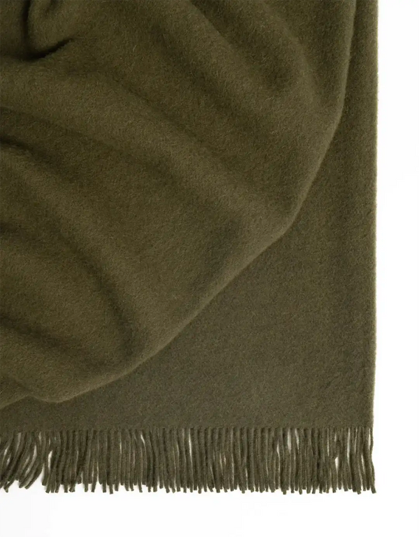 Khaki-olive green wool throw blanket with fringe