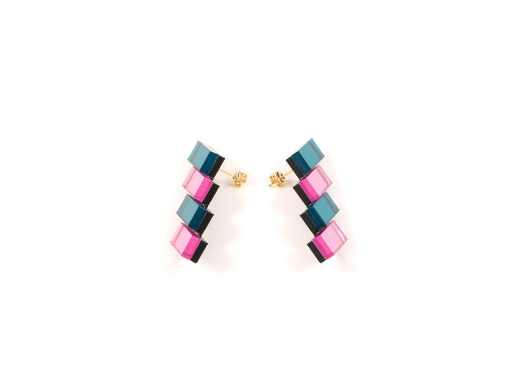 Teal blue and baby pink acrylic earrings with gold posts, by UK designer Mystic Forms