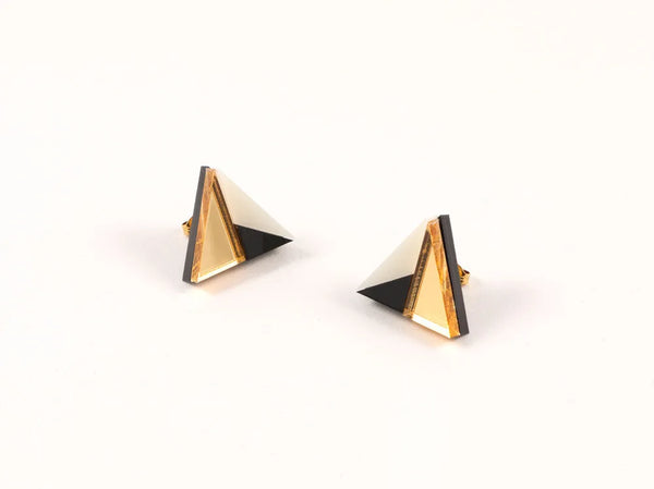 Gold, black and ivory triangular acrylic earrings by Mystic Forms