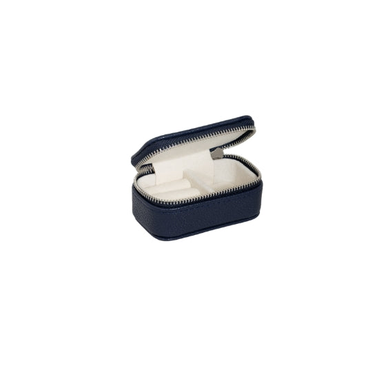 A small, zip up vegan leather jewellery box or carrier, from Evolve, in a stylish shade of Navy. The lid is open showing the interior, which has sections for rings and earrings, as well as a section for necklaces. 