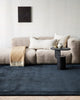 A modern living room with a statement ink blue rug, a beige couch holding two handwoven cushions, one a long lumbar and one a square, but both a sophisticated pattern of linear blue stripes against a cream backing. 