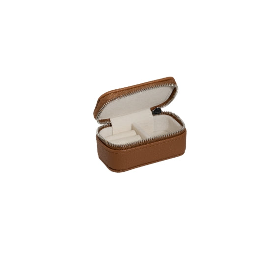 A small, zip up vegan leather jewellery box or carrier, from Evolve, in a stylish shade of Tan. The lid is open showing the interior, which has sections for rings and earrings, as well as a section for necklaces. 