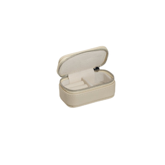 A small, zip up vegan leather jewellery box or carrier, from Evolve, in a stylish shade of Taupe. The lid is open showing the interior, which has sections for rings and earrings, as well as a section for necklaces. 