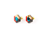 Acrylic, hexagonal stud earrings in teal blue, orange and gold