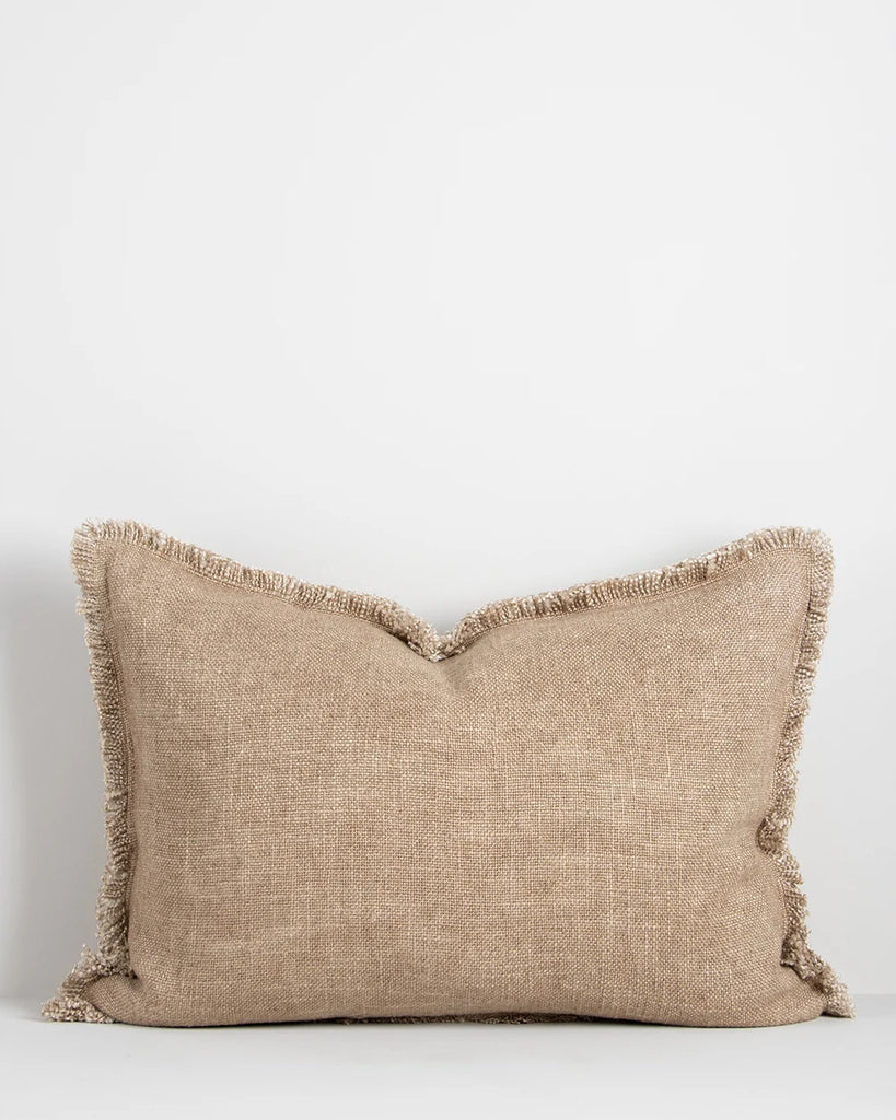 Light brown, beige coloured lumbar cushion with soft fringe detail, by Baya nz