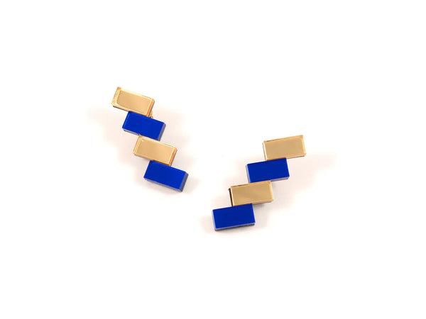 Blue and gold acrylic earrings by UK designer Mystic Forms