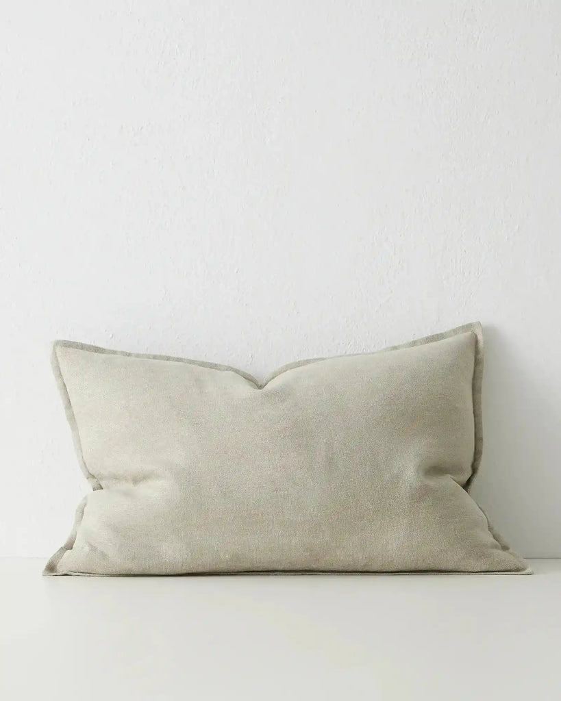 Sage green lumbar cushion with flange detail, in chenille and linen blend, by Weave nz