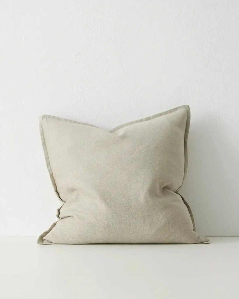 Sage green square cushion with flange detail, in chenille and linen blend, by Weave nz