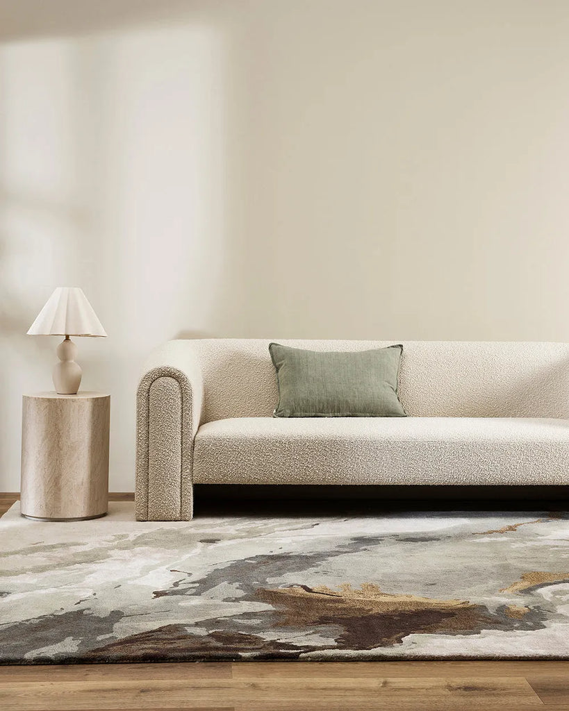 A large Baya 'Uluru' wool blend rug, seen in a contemporary NZ living room