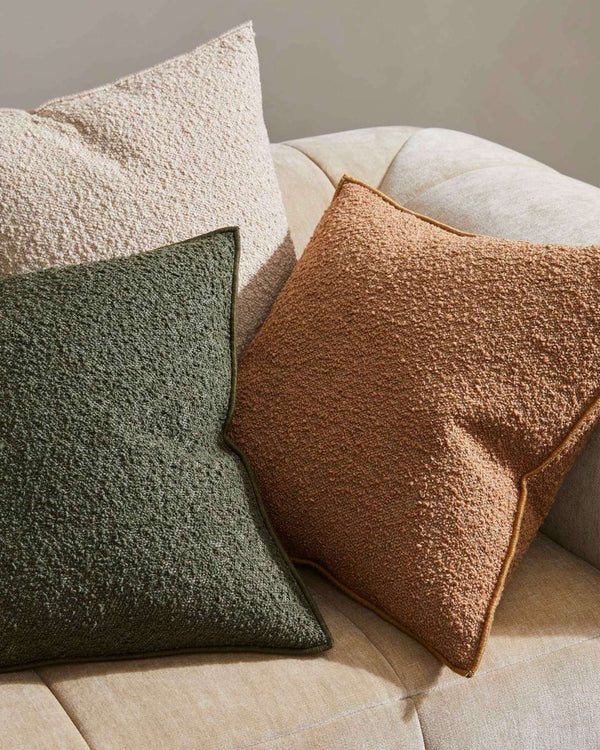 Alberto Boucle cushions i copper, olive and ivory colourways